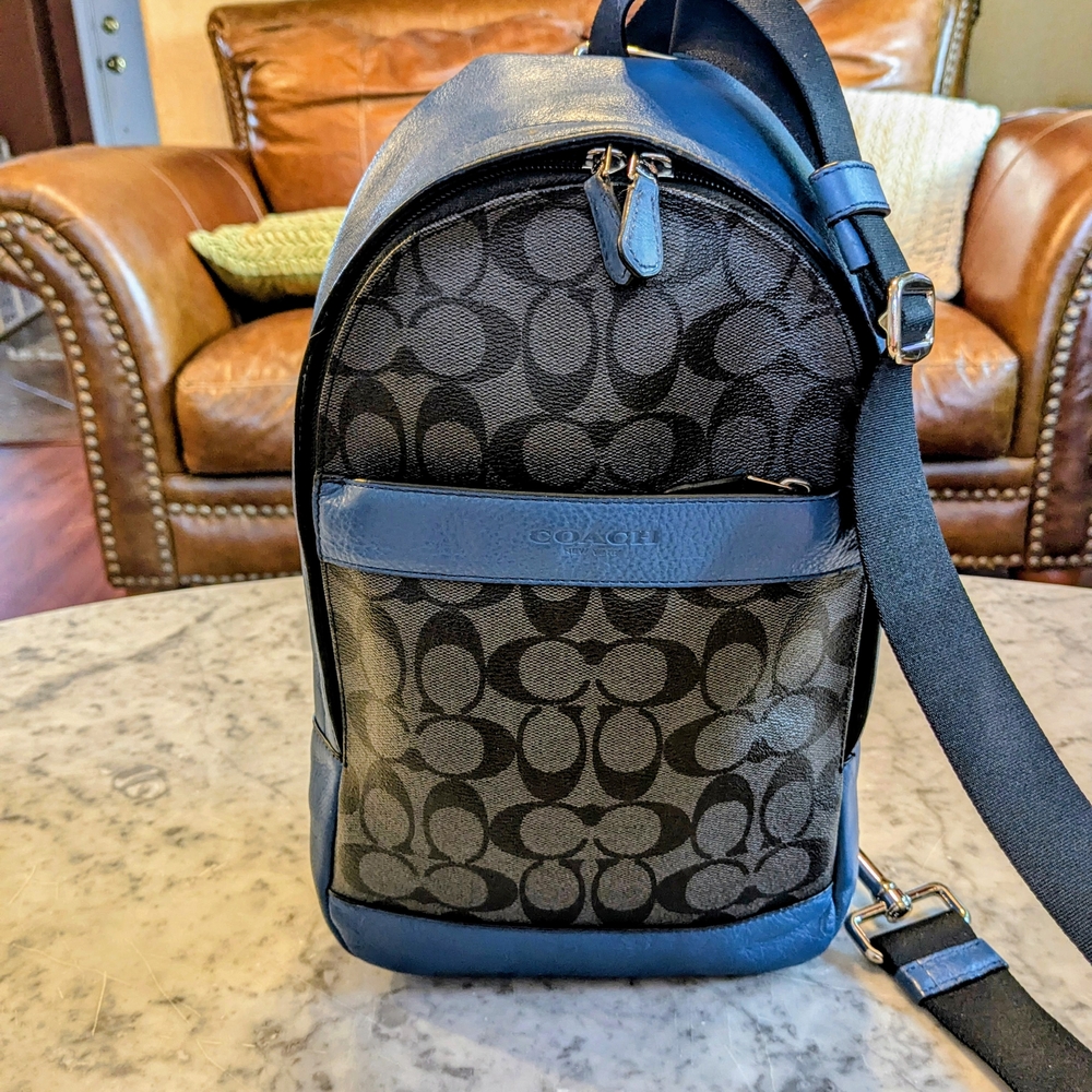 Coach Signature Leather/PVC 500 Blue Silvermetal Sling Bag - Picture 2 of 9